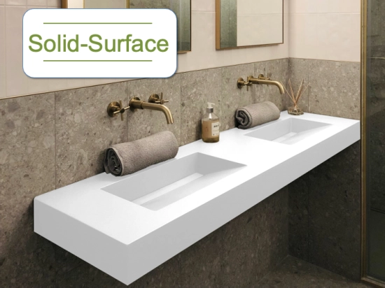 Plan vasque double lavabo, sur mesure : L 120 à 201 x P 40 à 51 cm, finition lisse, Solid-Surface, Anti bactérien, résine Akrytan®SOLID teinté dans la masse, Livraison Offerte.